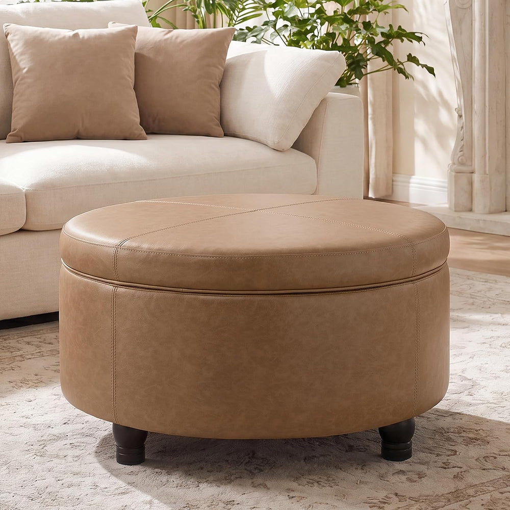 30-Inch Round Ottoman, Leather Ottoman with Storage (Light Brown | Modern Sto...