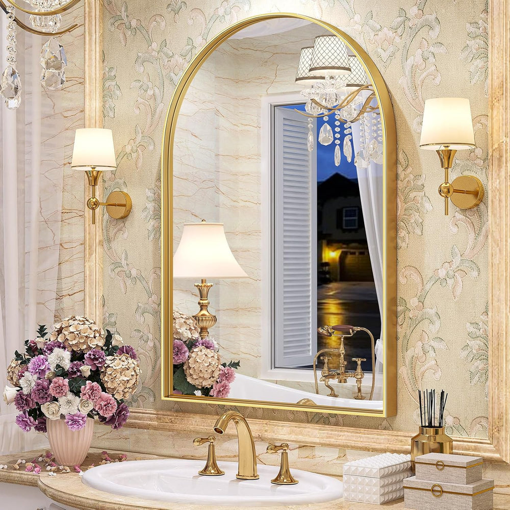 Brightify Gold Arched Mirror, 24 x 32 Inch Arch Wall Mirror, Brass Metal Fram...