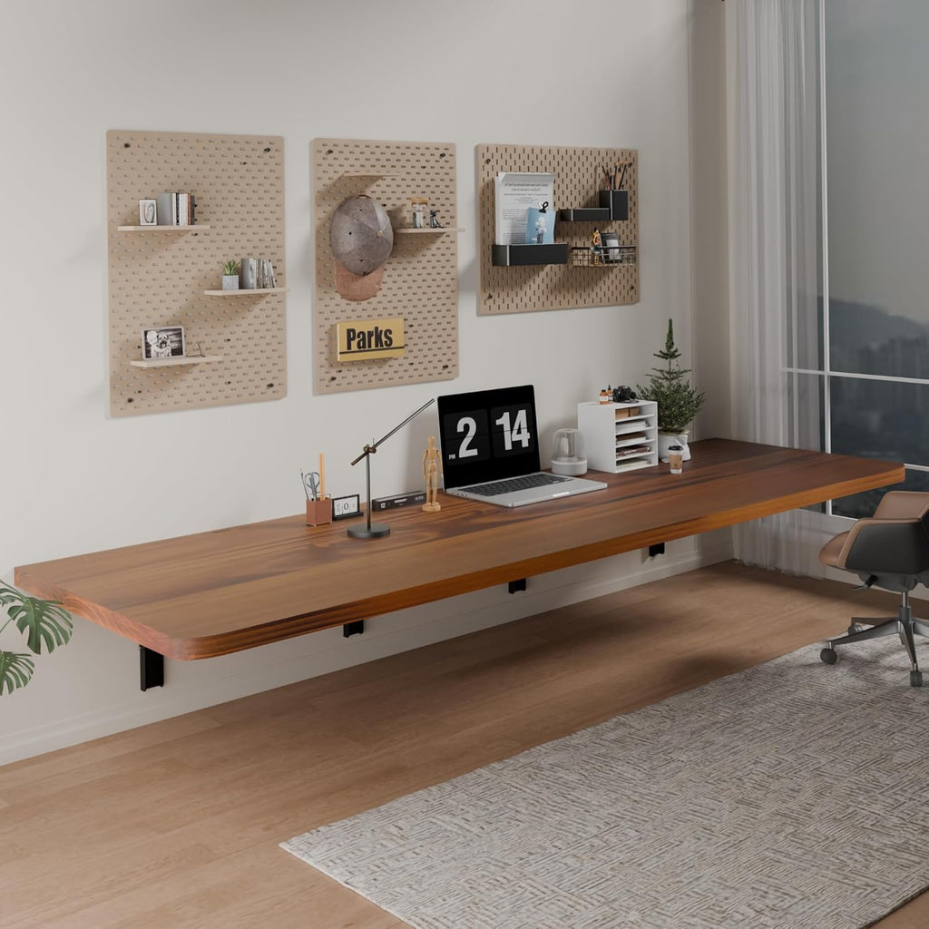 IAE Floating Wall Mounted Folding Table Desk with Pine Wood,72" x 22" Foldable Workbench,Fold Down Wall Mounted Foldable Desk with Shelf Brackets,Laundry Folding Table for Home,Dining,Kitchen,Teak