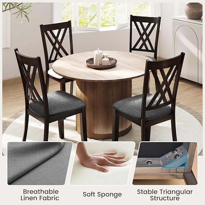 Giantex Wooden Dining Chairs Set of 2, Linen Fabric Upholstered Kitchen Chair w/Rubber Wood Frame, Wide Padded Seat, Curved Cross Back, Farmhouse Side Chairs for Living Room Restaurant, Dark Gray