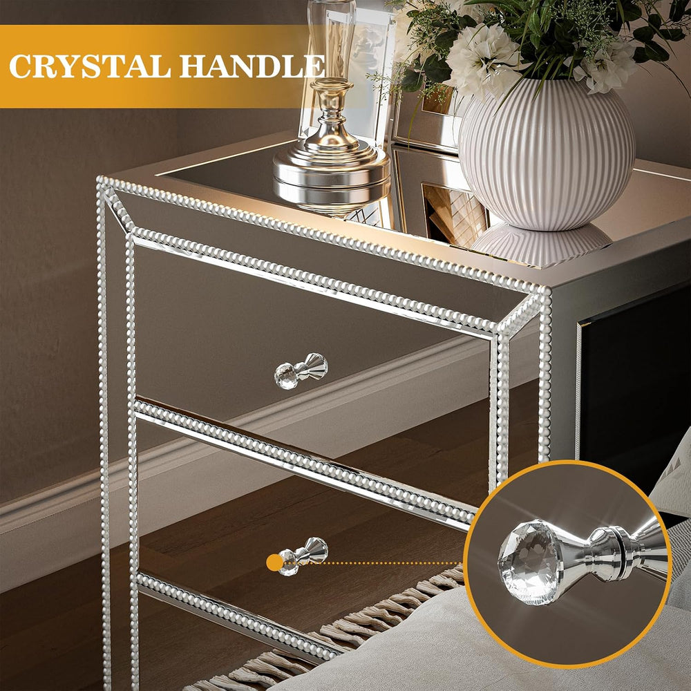 IKIFLY Mirrored Nightstand with 3 Drawers, Silver End Table with Crystal Hand...