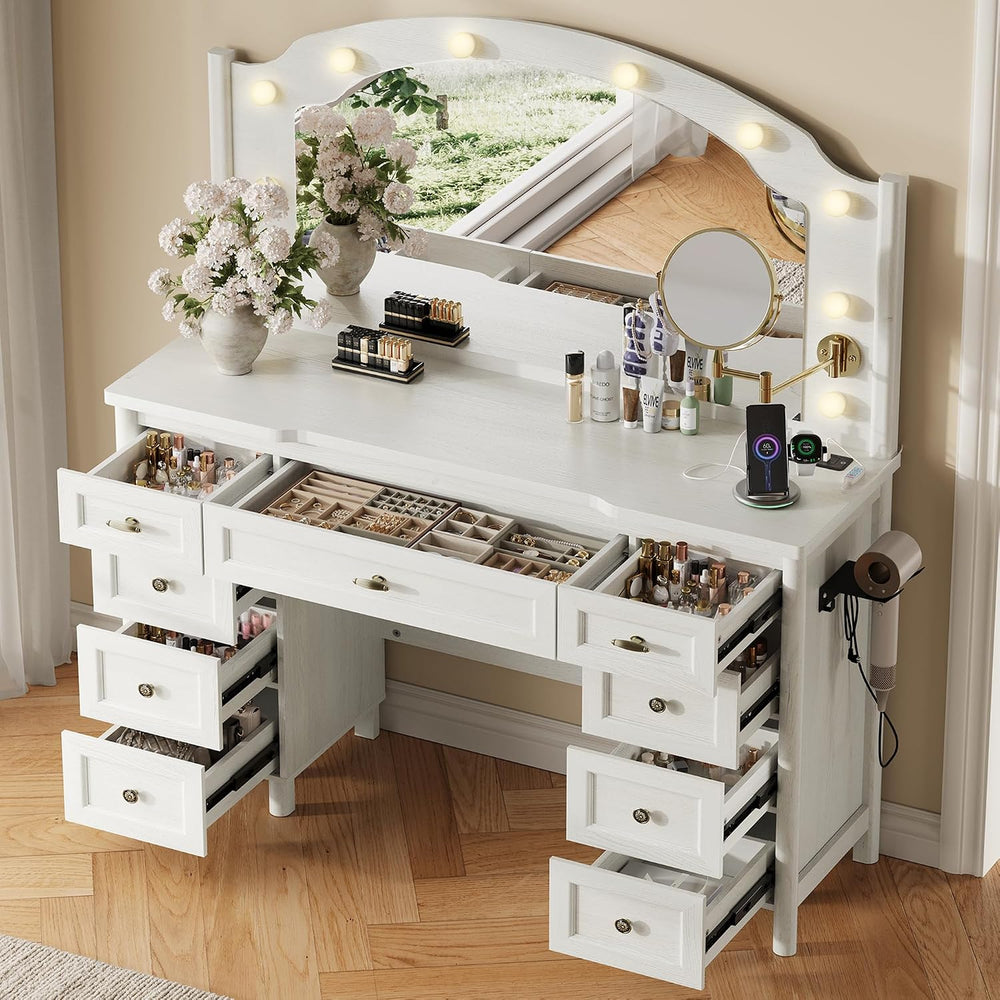 STO'SENSE Vanity Desk with Mirror and Lights, Makeup Vanity Table with 9 ...