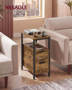 VASAGLE Side End Table with Charging Station, Slim Nightstand with 2 Drawers, Narrow Bedside Table for Living Room, Small Spaces, 18.9 x 11.8 x 24 Inches, Rustic Brown and Ink Black ULET324K101S