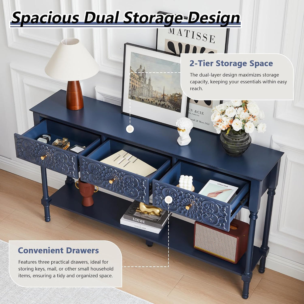 weselon 55.5" Carved Console Table with 3 Drawers, 2-Tier Sofa Table wit...