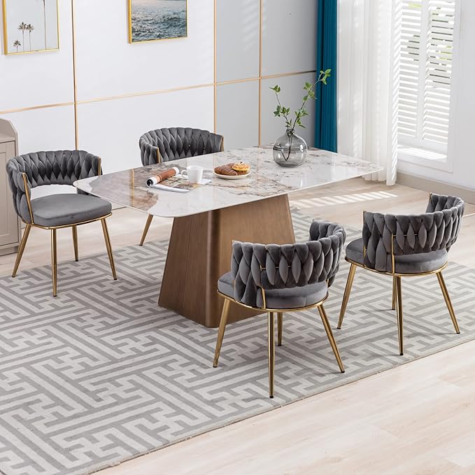 KCC Velvet Dining Chairs Set of 4, Gold Modern Dining Chair with Metal Legs, Woven Upholstered Dining Chairs for Dining Room, Kitchen, Vanity, Living Room (Gray)