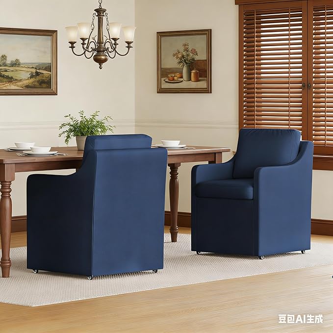 Upholstered Dining Chairs Set of 2, Modern Rolling Linen Dining Chairs with Casters,Swivel Armchair with Storage for Reading Room Kitchen Dining Room (Blue)