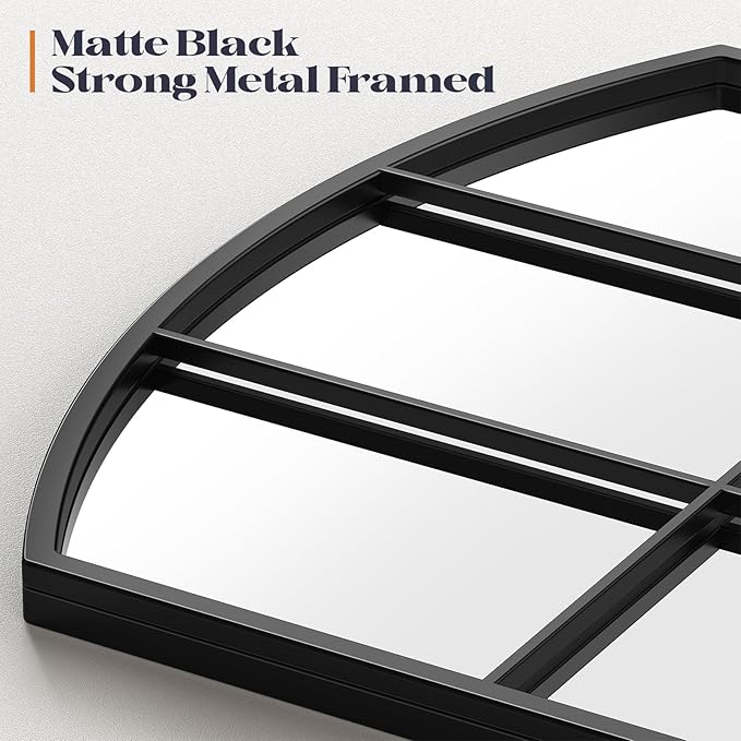 Window Pane Black Mirror, 36" x 36" Farmhouse Arched Wall Mirror, Large Arch Grid Mirror for Living Room Bedroom Farmhouse Fireplace Hallway Entryway