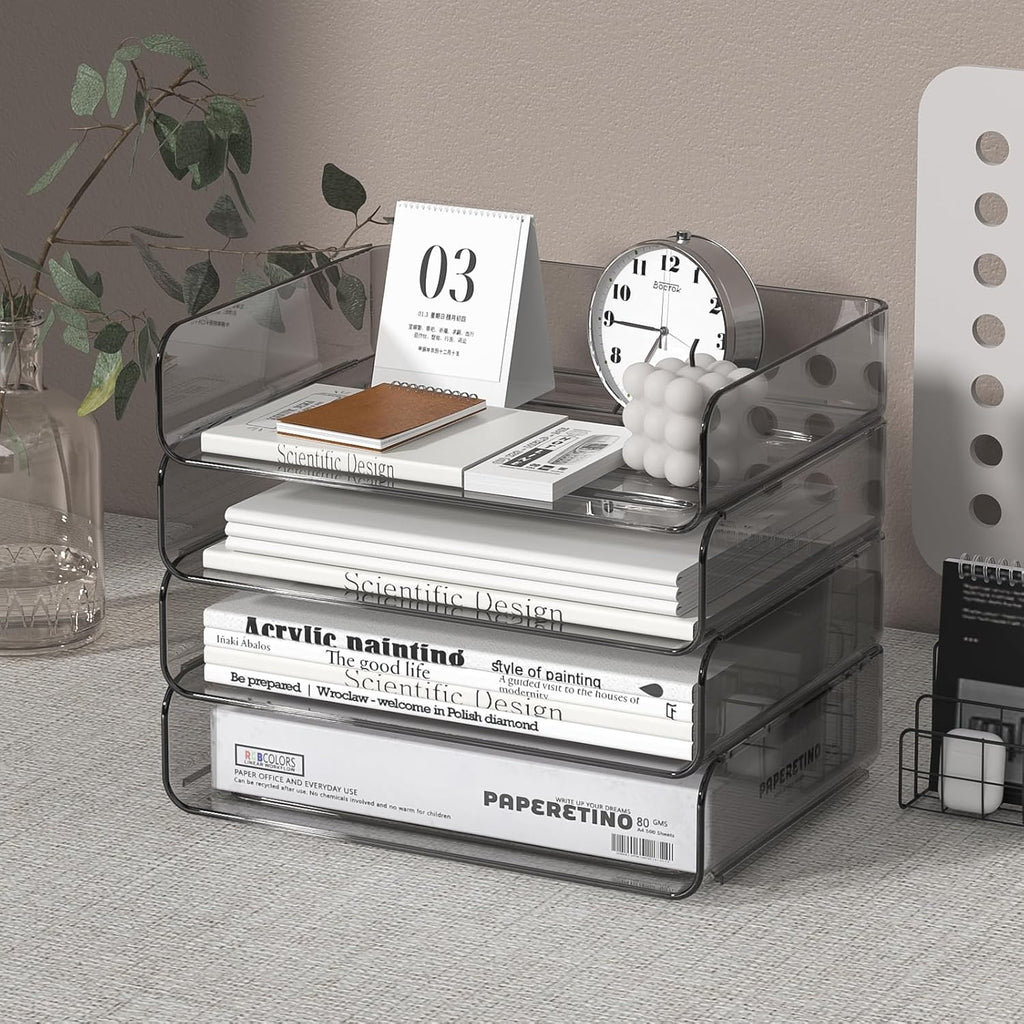 4-Tier Acrylic Paper Tray Organizer - Low-Profile Desk File Sorter for Office/Home, Brown Stackable Letter Tray for Bills, Crafts, Notebooks