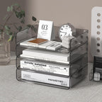 4-Tier Acrylic Paper Tray Organizer - Low-Profile Desk File Sorter for Office/Home, Brown Stackable Letter Tray for Bills, Crafts, Notebooks