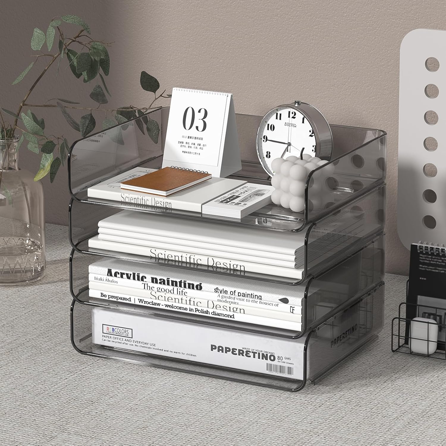 4-Tier Acrylic Paper Tray Organizer - Low-Profile Desk File Sorter for Office/Home, Brown Stackable Letter Tray for Bills, Crafts, Notebooks