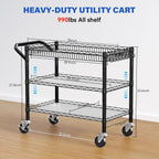 YNN Black Utility Rolling Cart,990Lbs 3 Tier Heavy Duty Metal Cart with Wheels & Handle NSF Wheeled Cart 31" D x 18" W x 33" H for Bedroom, Bathroom, Kitchen,Garden,Decor,Serving