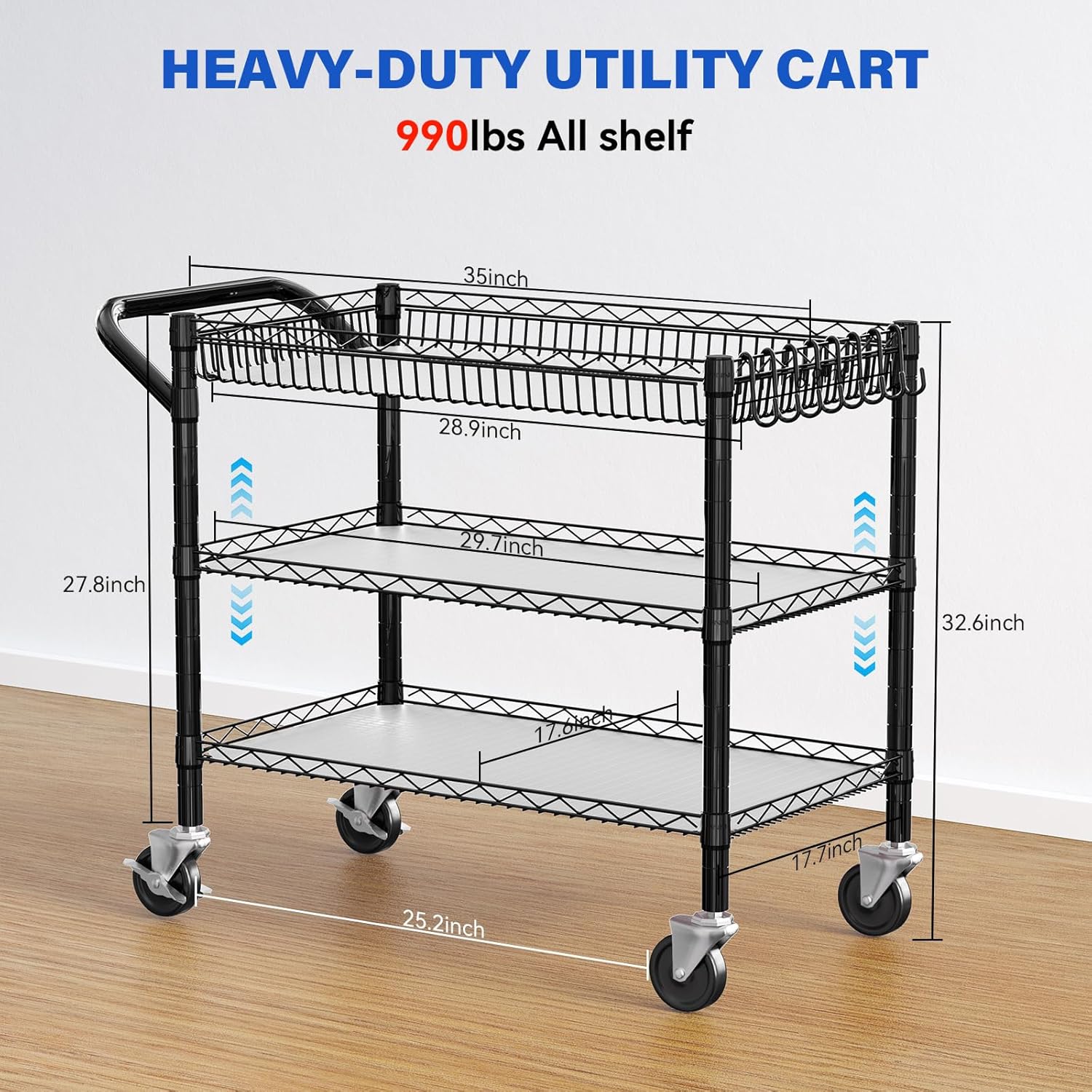 YNN Black Utility Rolling Cart,990Lbs 3 Tier Heavy Duty Metal Cart with Wheels & Handle NSF Wheeled Cart 31" D x 18" W x 33" H for Bedroom, Bathroom, Kitchen,Garden,Decor,Serving