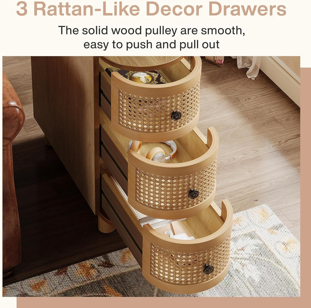 Tribesigns 3-Drawer Rattan End Table, Sofa Side Table with Vintage Embossed H...