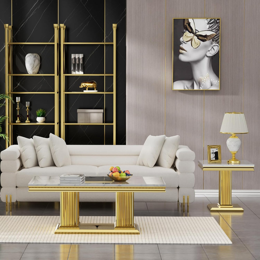 Luxury Marble Coffee Table Set of 2, Modern Coffee Table with Side End Table,...