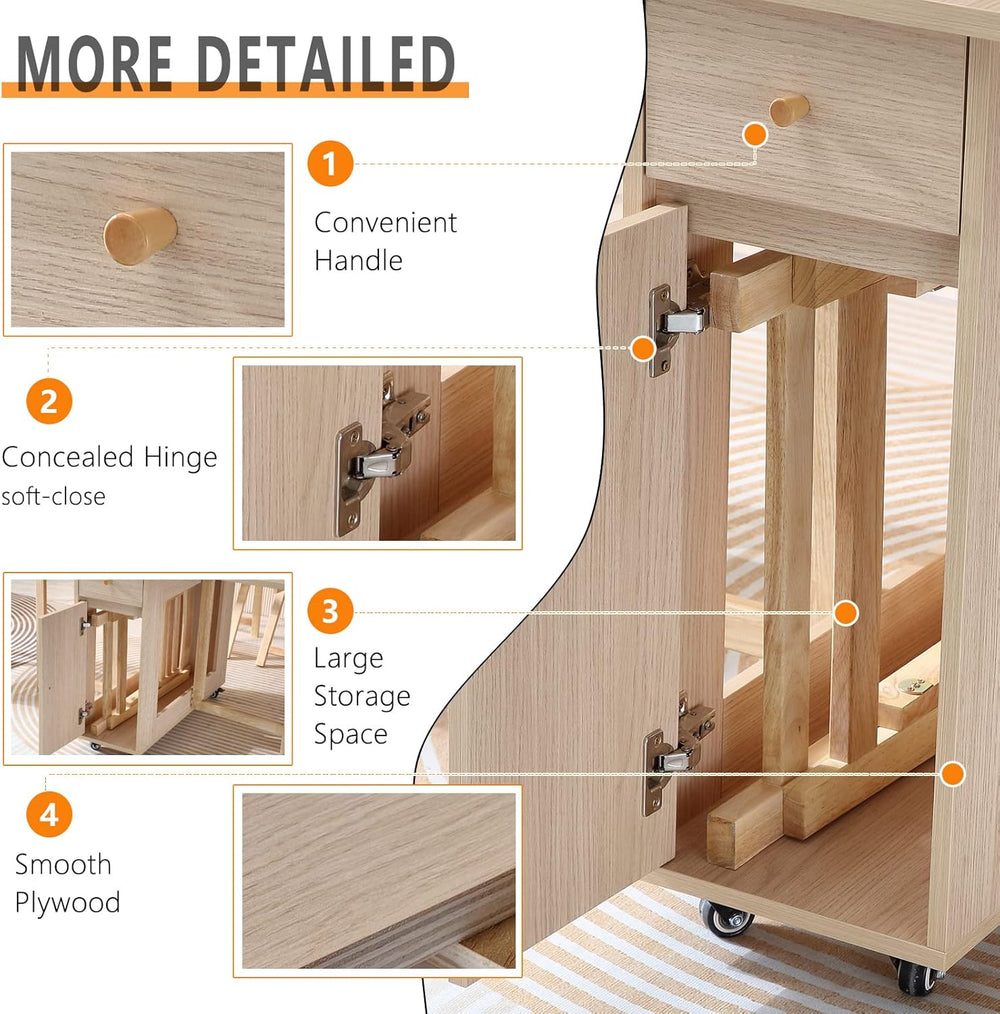 COMUHOME Wood Drop Leaf Folding Dining Table with 2 Drawers and 4 Wheels, Woo...