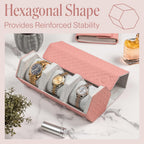 QWATCHBANDS Ladies Leather Watch Rolls for Women - Hexagon Triple Watch Roll Travel Case for 3 Watches - Storage Organizer Genuine Leather with Velvet Interior Display (Woven Pink/Gray)
