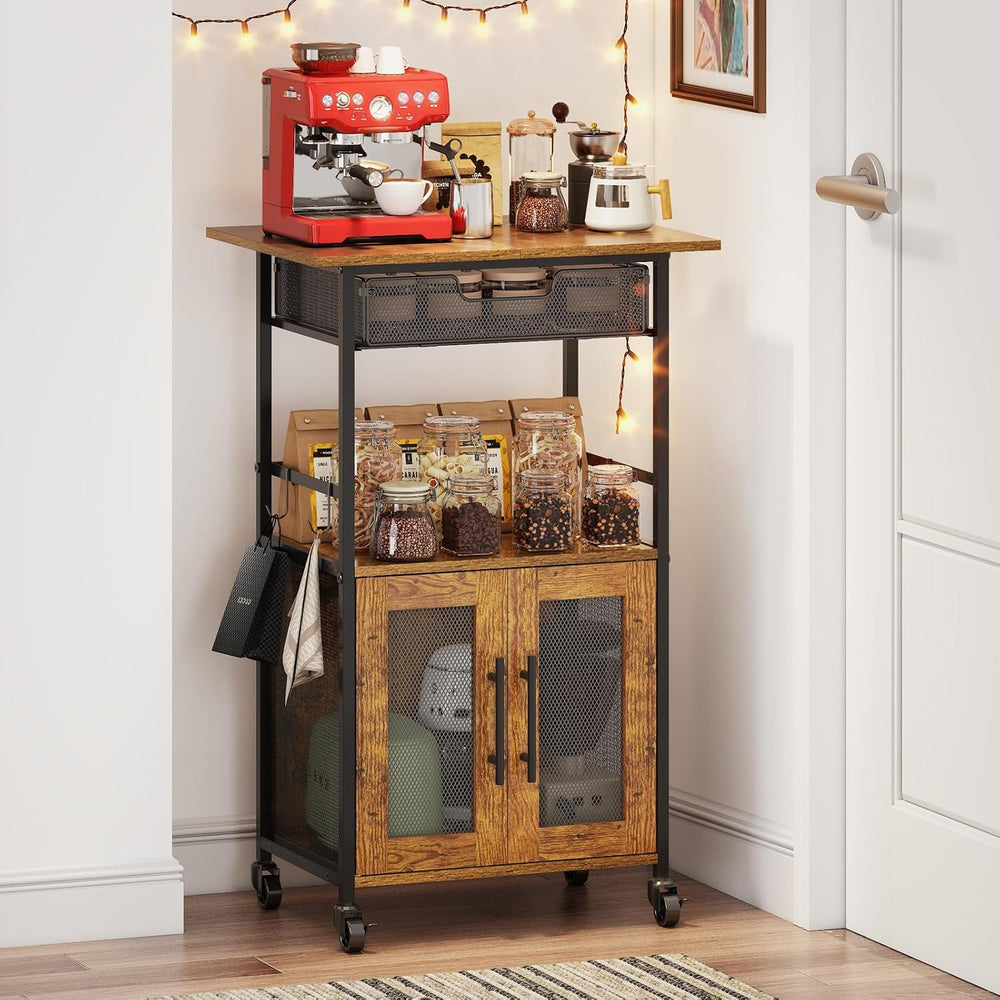 3 Tier Slim Rolling Coffee Cart with 2-Door & Pull-Out Wire Basket Drawer...
