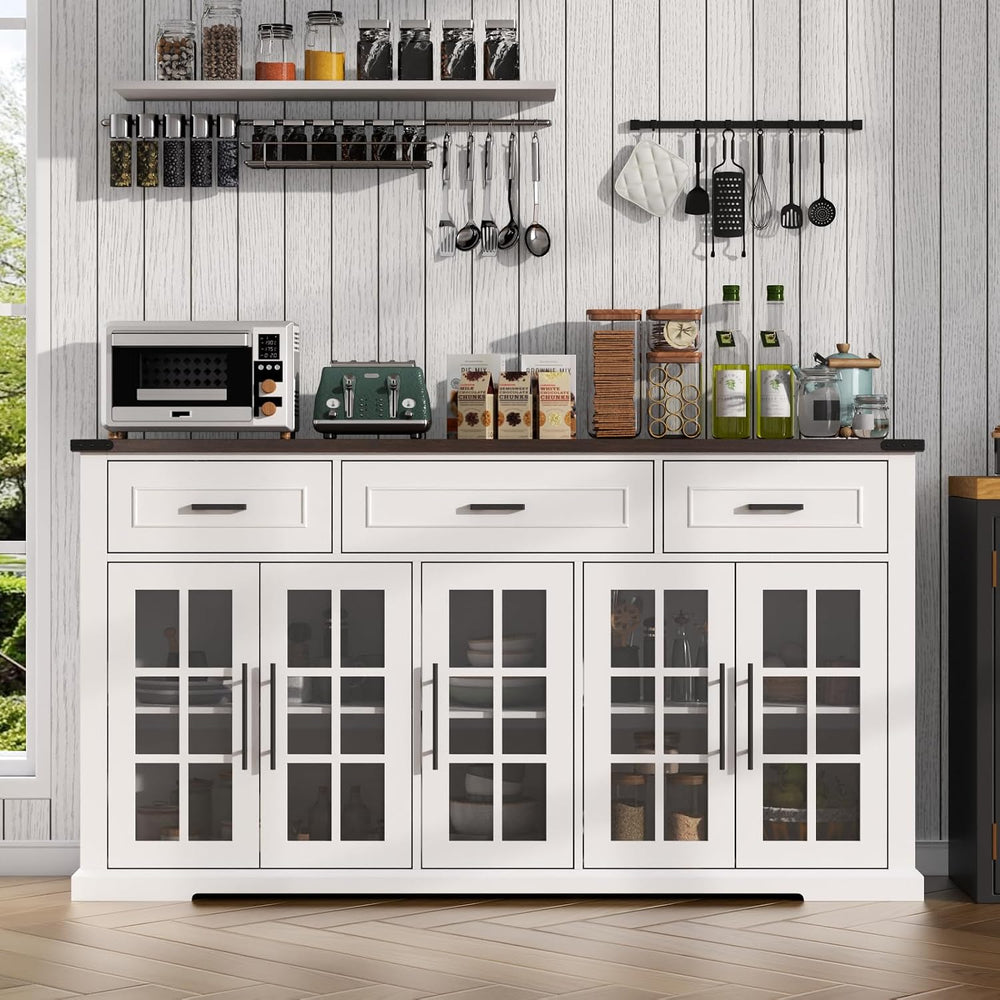 63" Buffet Cabinet with Glass Doors, Farmhouse Sideboard with 3 Drawers