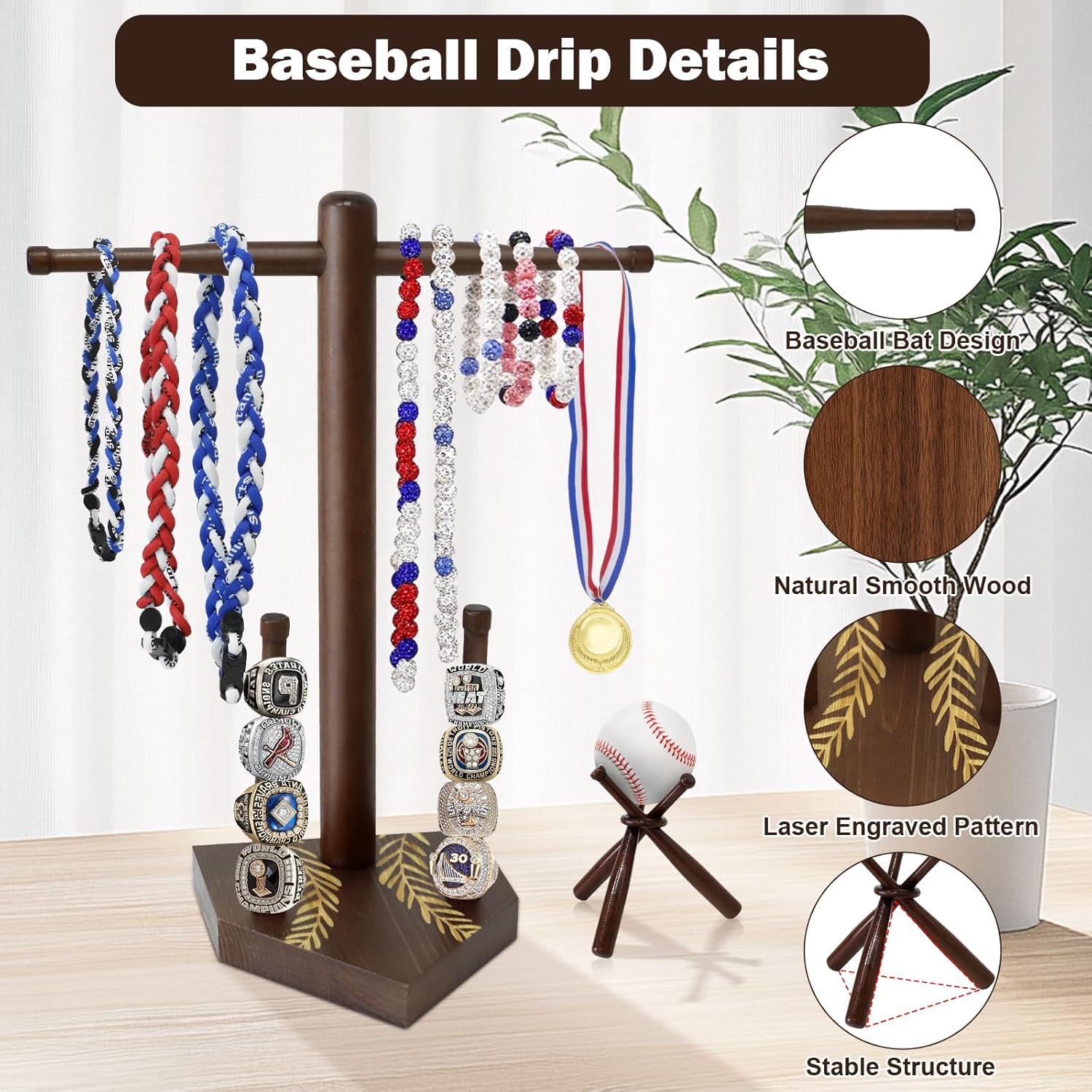 Wooden Baseball Ring & Necklace Holder – Championship Rings Display Stand for Softball & Baseball, Sports Ring Organizer Holder Gift for Players & Fans