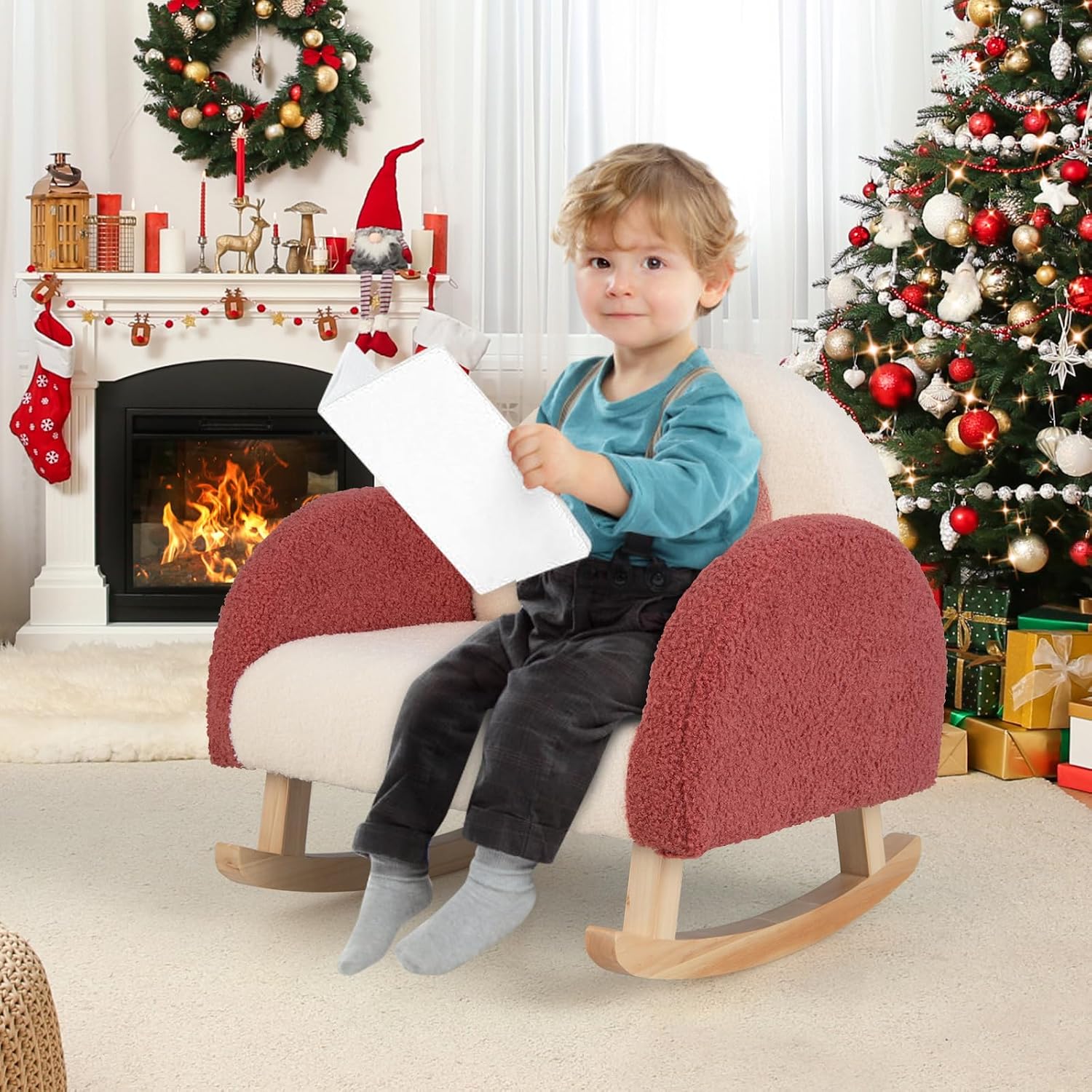 Honey Joy Toddler Rocking Chair, Kids Rocker with Solid Wood Frame & Plush Fabric, Anti-Tipping Design, Toddler Couch for Kids Room, Playroom, Nursery, Bedroom (Red)