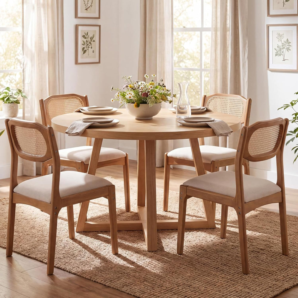 EALSON Mid Century Dining Chairs Set of 4, Beige Fabric Linen Upholstered Sea...