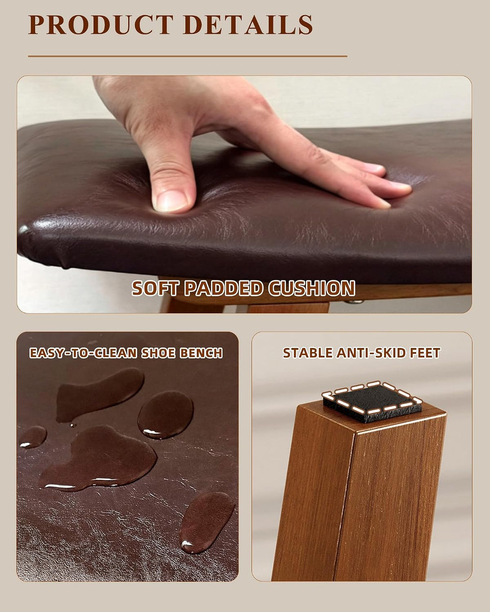 Solid Rubberwood Vanity Stool with Ergonomic Curved Seat, Vanity Bench | Upho...