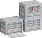 3Pack Clothes Storage Bins - Oxford Frame Storage Box Foldable Stackable Storage Organizer with 3 Openings Design, Metal Frame, Clear Window, Carry Handles (Grey, 100L-23.6 * 16.5 * 15.7in)