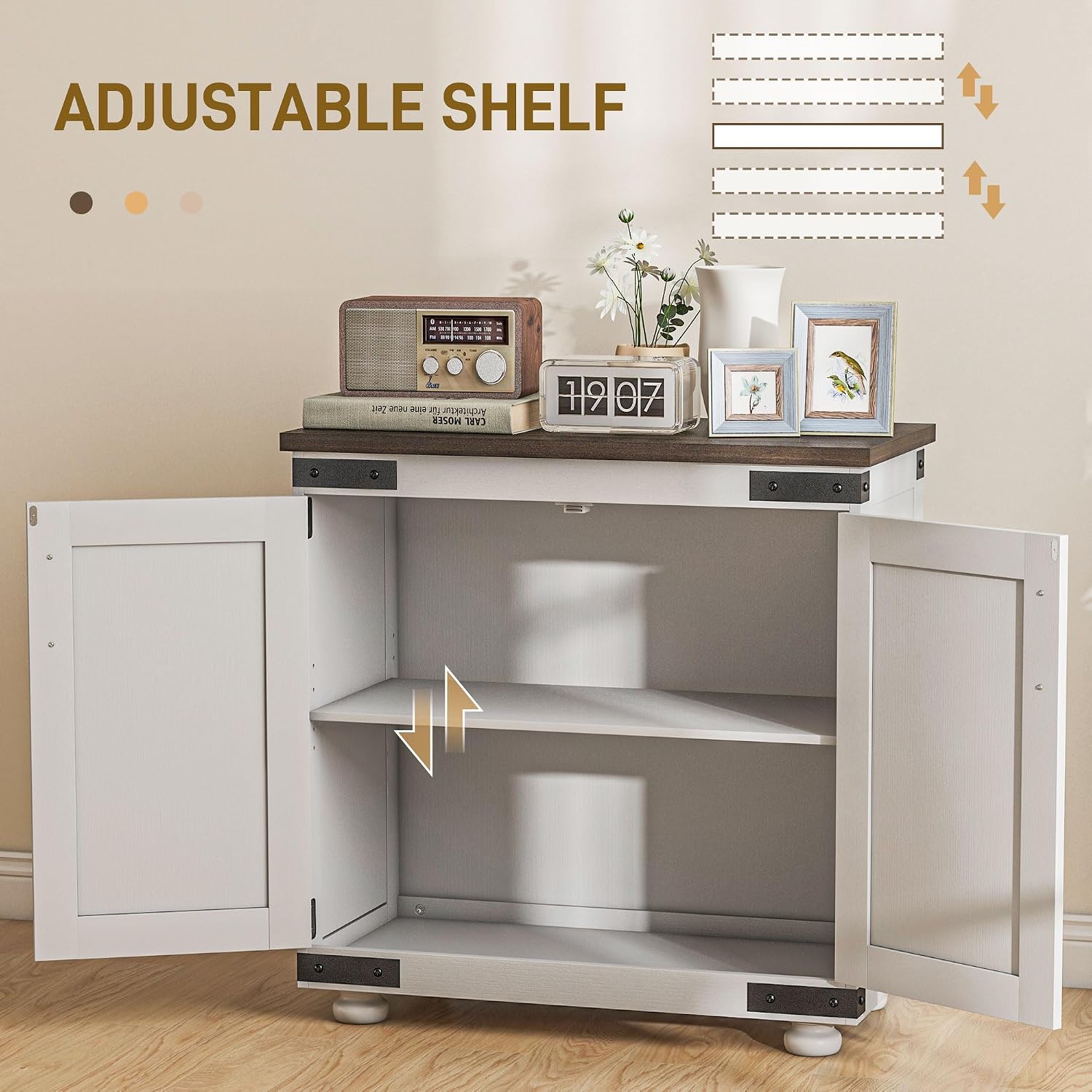 Farmhouse Kitchen Pantry, White Sideboard Buffet Cabinet with Barn Door and Adjustable Shelf, Wood Legs, Easy to Maintain, for Dining Room
