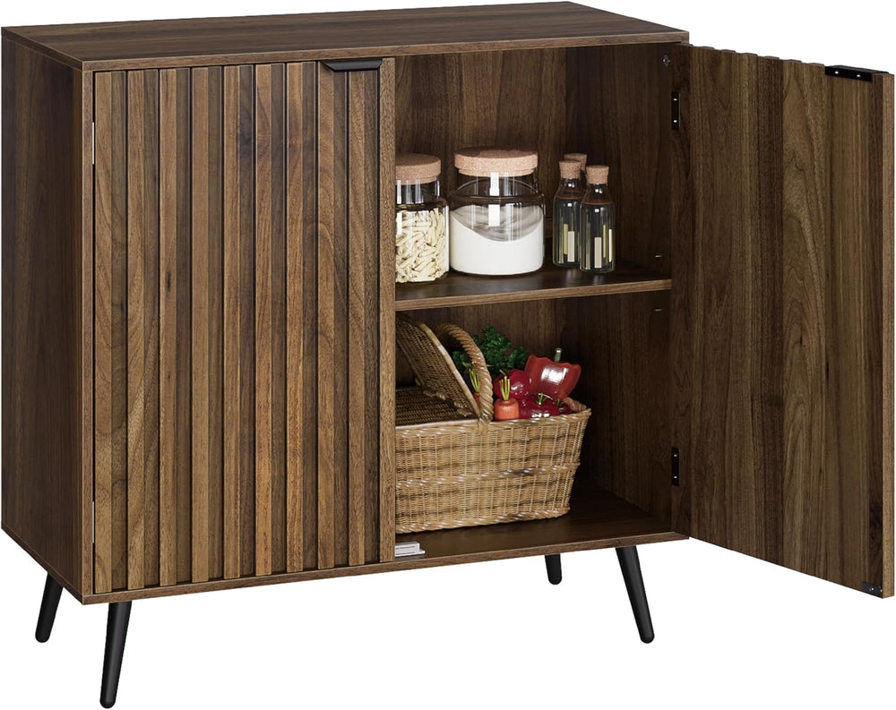 Smuxee Fluted Sideboard Cabinet, Freestanding Walnut Buffet Cabinet with Adju...