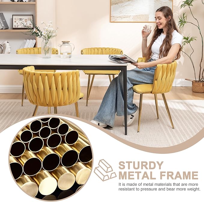 Kiztir Velvet Dining Chairs Set of 4, Modern Dining Chair with Gold Metal Legs, Luxury Tufted Dining Chairs for Living Room, Bedroom, Kitchen (Yellow)
