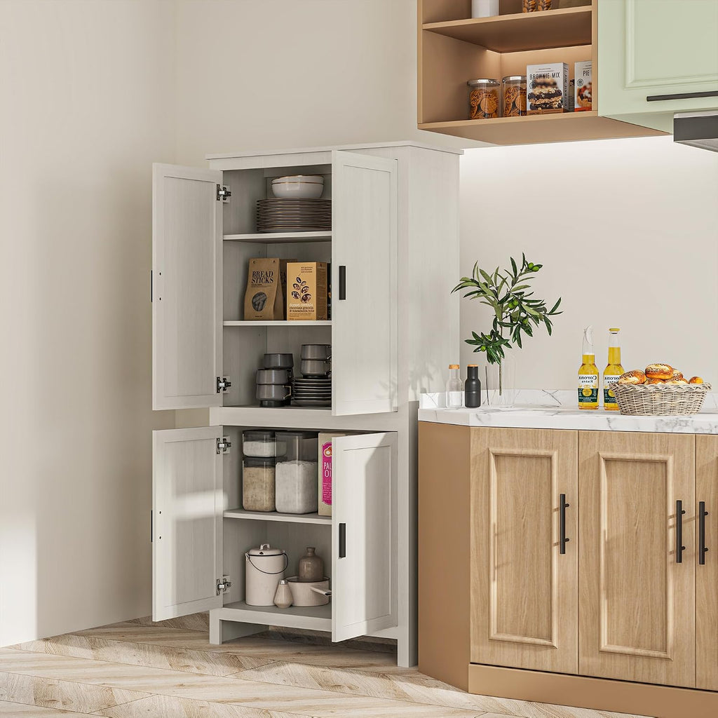 HOMCOM 64" Kitchen Pantry Cabinet Freestanding with 4 Doors Antique White | Storage Cabinet, 3 Adjustable Shelves, for Dining Room