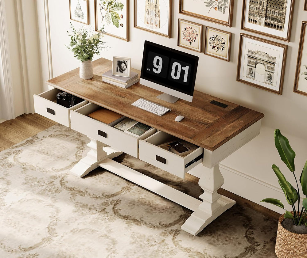 WAMPAT 60-inch Vintage Farmhouse Desk with Charging Station & Deep Drawers