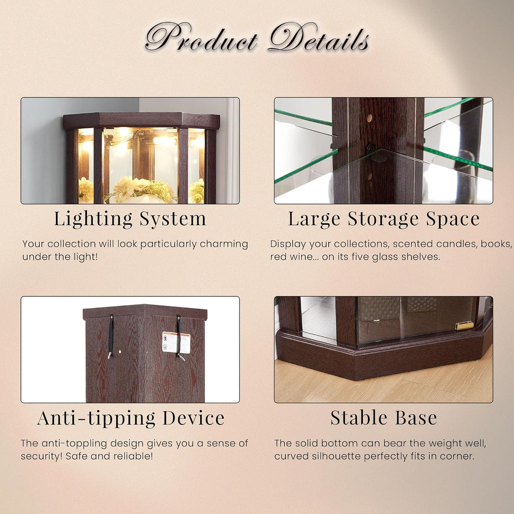 70" H Lighted Corner Curio Cabinet, Glass Display Cage with Tempered Gla...
