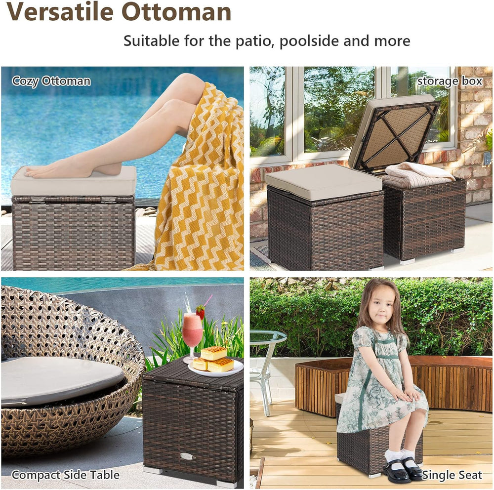 Tangkula 2 Pieces Patio Ottomans, Patiojoy Hand-Woven PE Rattan Side Table wi...