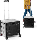 CleverMade Collapsible Wheeled Crate with Lid, 4-Wheels - Swivel and Glide Rolling Crate with Handle and Double Wheels for Easy Transport and Versatile Use - 55L and 100lb Capacity, Cool Gray