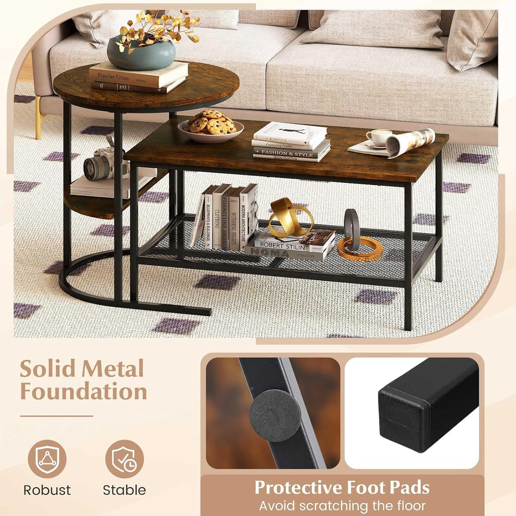 GOFLAME Nesting Coffee Table Set of 2, 2 PCS Nesting Tables with Wood Top and Extra Storage Shelf, Modern Round End Table & Rectangular Coffee Tables for Living Room, Bedroom, Rustic Brown+Black