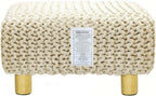 COTTON CRAFT Braided Footrest - Handknitted Dori Foot Stool with Sturdy Wood Legs – Handmade Boho Leg Rest - Small Spaces Under Desk Living Room Entryway Low Footstool Pouf - 16.5x12x9.5 - Ivory