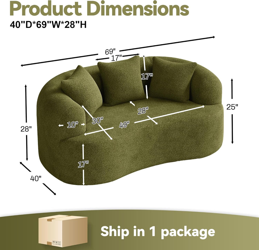 69" Curved Loveseat Sofa for Living Room, Modern Chenille Love Seat Cloud Couch, Luxury Plush Extra Deep Oversized Sofa for Small Spaces, Bedroom, Apartment‌, No Assembly Required, Green