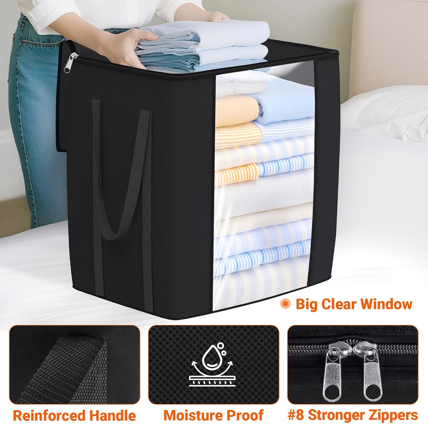 120L Extra Large Clothes Storage Bags, Foldable Blanket Storage and Organization, Thick Fabric Containers with Reinforced Handles & Zippers for Clothing, Comforters, Bedding, Black, 2 Pack