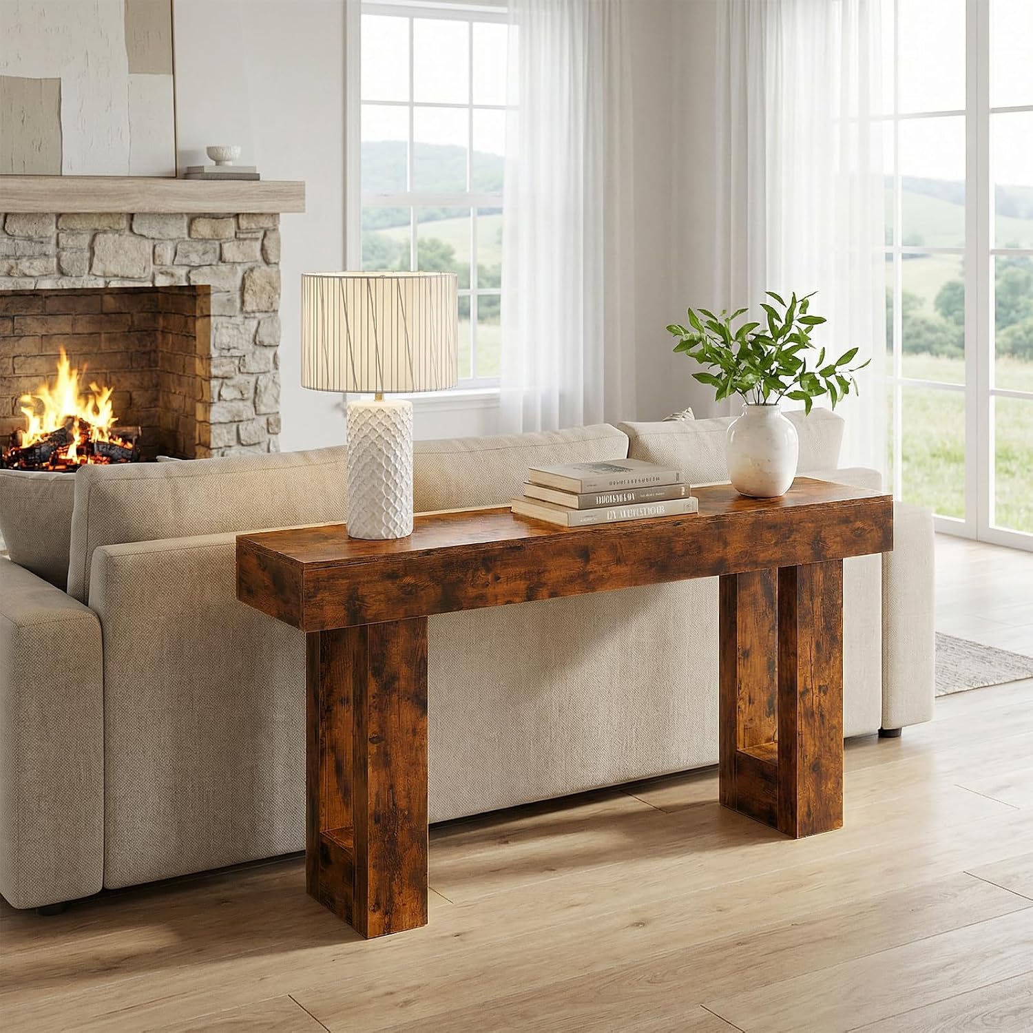 DUMOS 63 Inches Console Farmhouse Table for Entryway, Long Console Table Behind Couch, Solid Wood Narrow Entryway Table for Hallway, Living Room, Foyer, Entrance, Easy Assembly, Brown