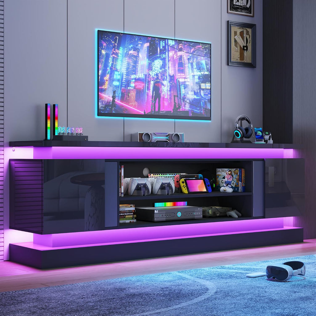 81" 2 LED TV Stand for TVs 90/85/75 inch,High Gloss Gaming Tall Entertainment Center w/Power Outlet,6000-Colors LED Lights,Modern TV Media Console Table with 2 Cabinets for Living Room,Black