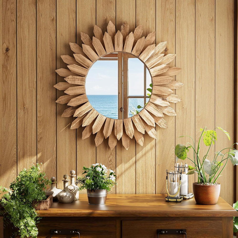 20" Round Sunburst Wooden Mirror Boho Rustic Wall Decor