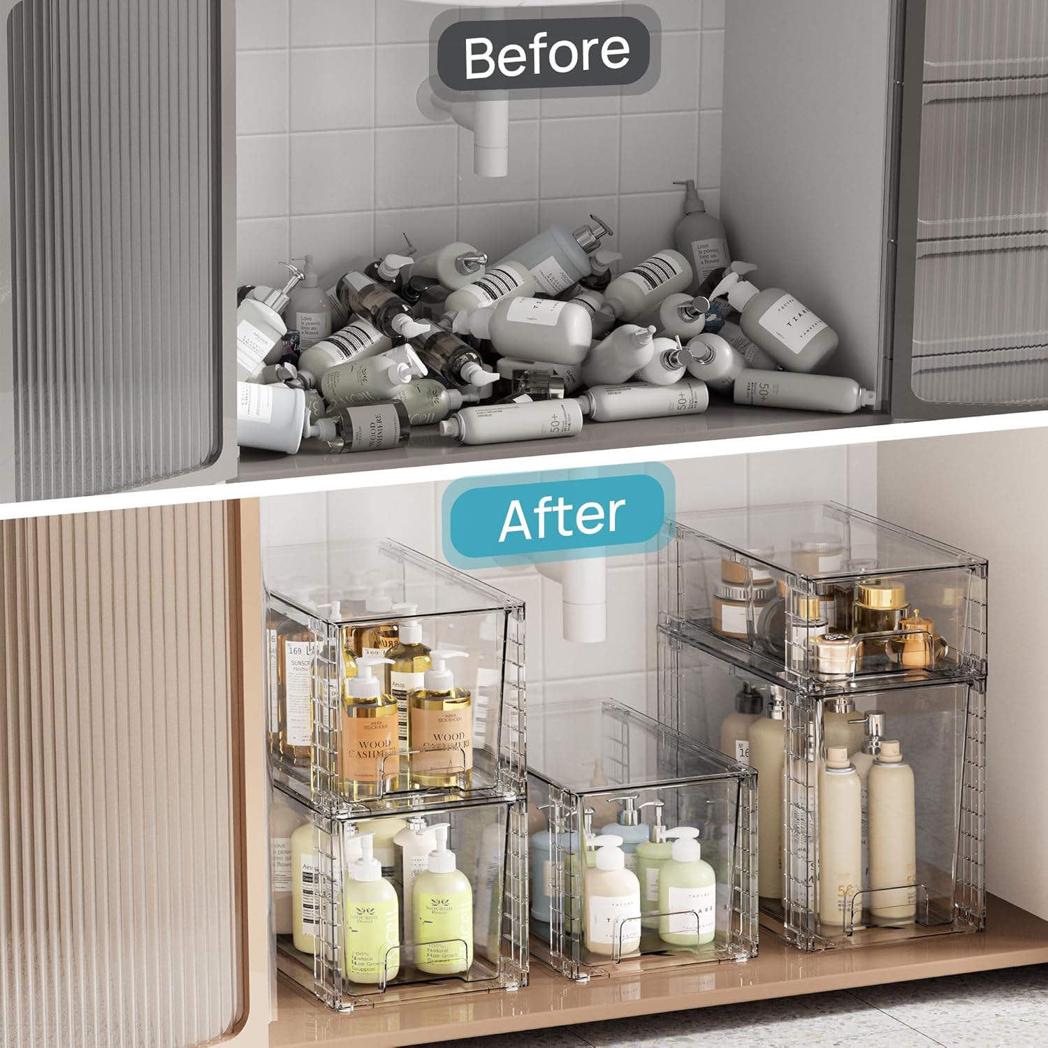 Vtopmart 3 Pack Clear Stackable Storage Drawers,Easy to Assemble Bathroom Organizers and Storage with handles,Plastic Drawers for Kitchen Pantry,Cabinet,Under Sink Organization