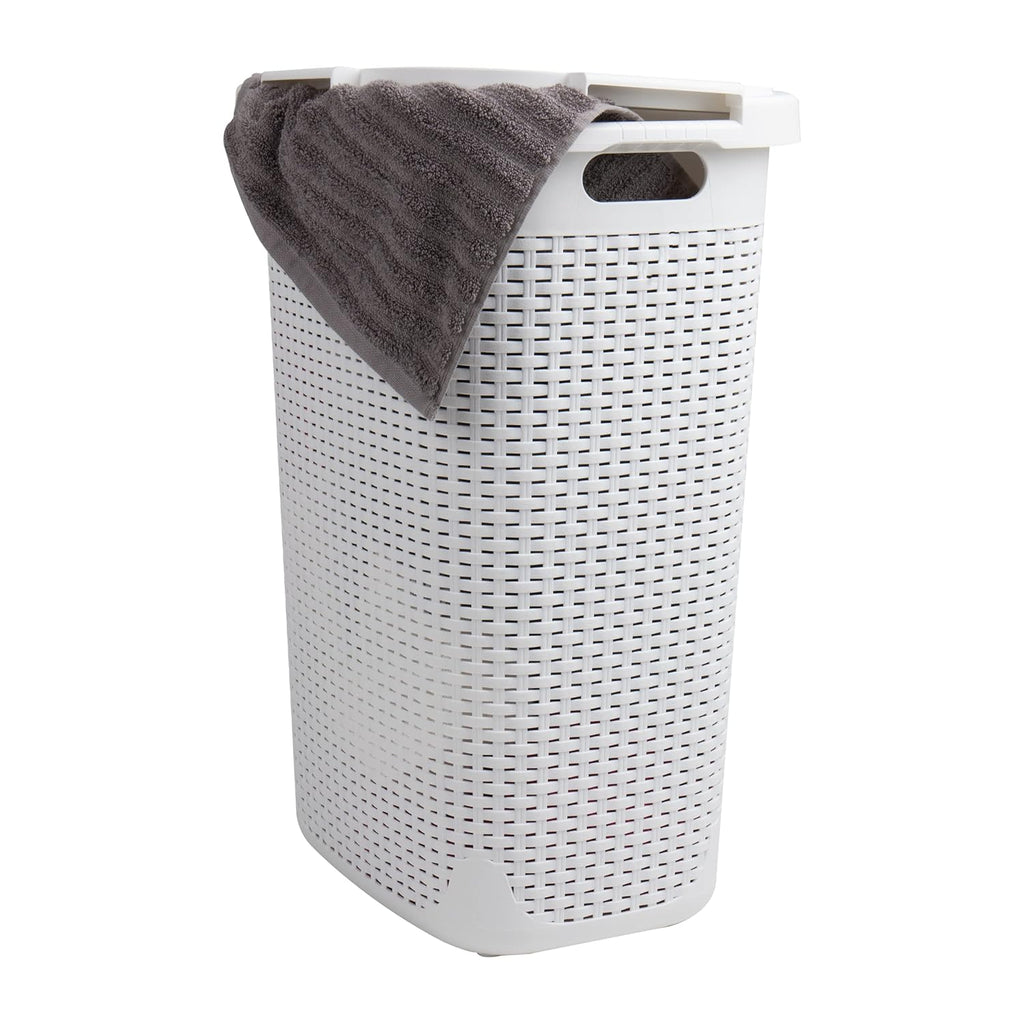 Mind Reader Slim Laundry Hamper with Lid, 60L Clothes Basket, Premium Wicker Design, Plastic, White