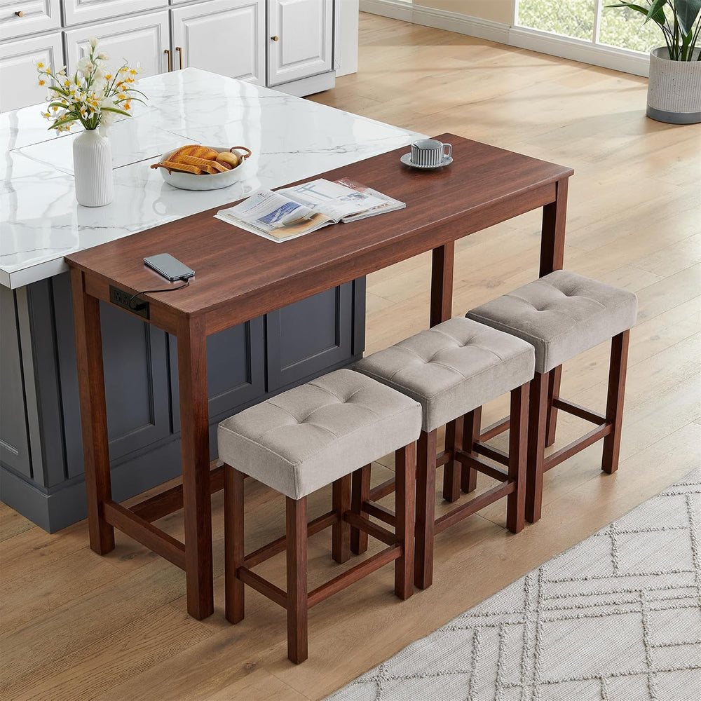 Knocbel Industrial 3-Person Counter Height Bar Table Set with Power Outlet, 4...