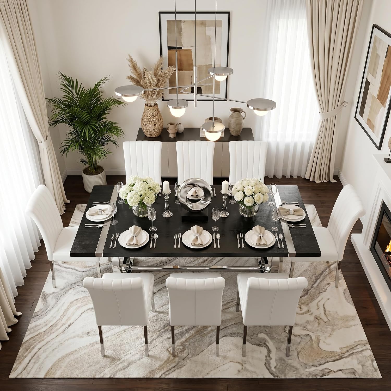 Asday 77" Modern Dining Table for 6-8, Black Wooden Dining Table with Silver Polished Stainless Steel U-Shaped Base, Rectangular Kitchen Table for Dining Room, Kitchen & Living Room