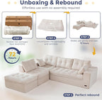 MAXYOYO 132" L Shaped Modular Sectional Sofa with Ottoman, Cloud Boneless Couch with Layered Cushion, Upholstered Sofa in a Box, Flexible Module Combination for Living Room, No Assembly, Beige
