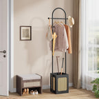 Tajsoon Coat Rack Stand with Wooden Base, Coat Tree Rattan Design, Coat Hanger Stand with 6 Hooks, Small Clothes Rack for Living Room, Bedroom, Office, Black