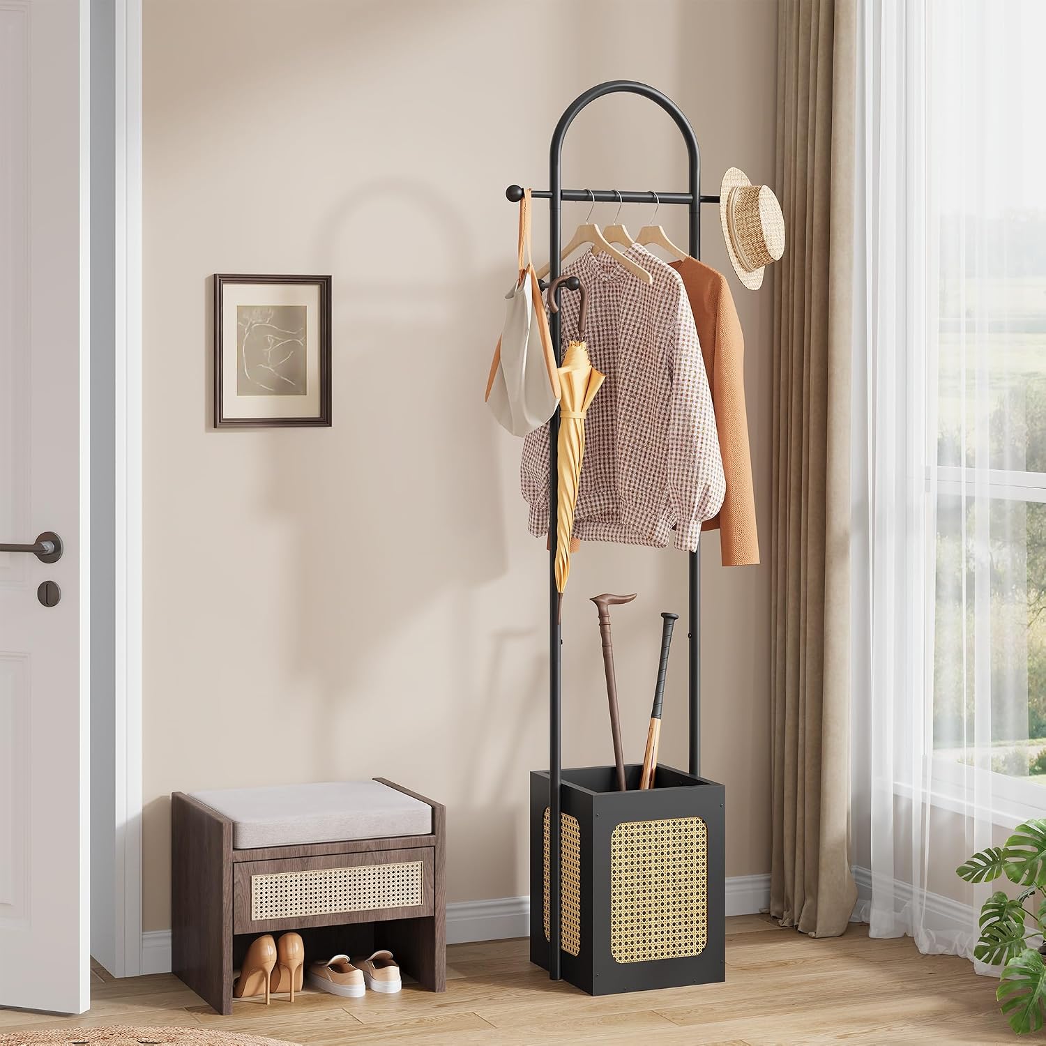Tajsoon Coat Rack Stand with Wooden Base, Coat Tree Rattan Design, Coat Hanger Stand with 6 Hooks, Small Clothes Rack for Living Room, Bedroom, Office, Black