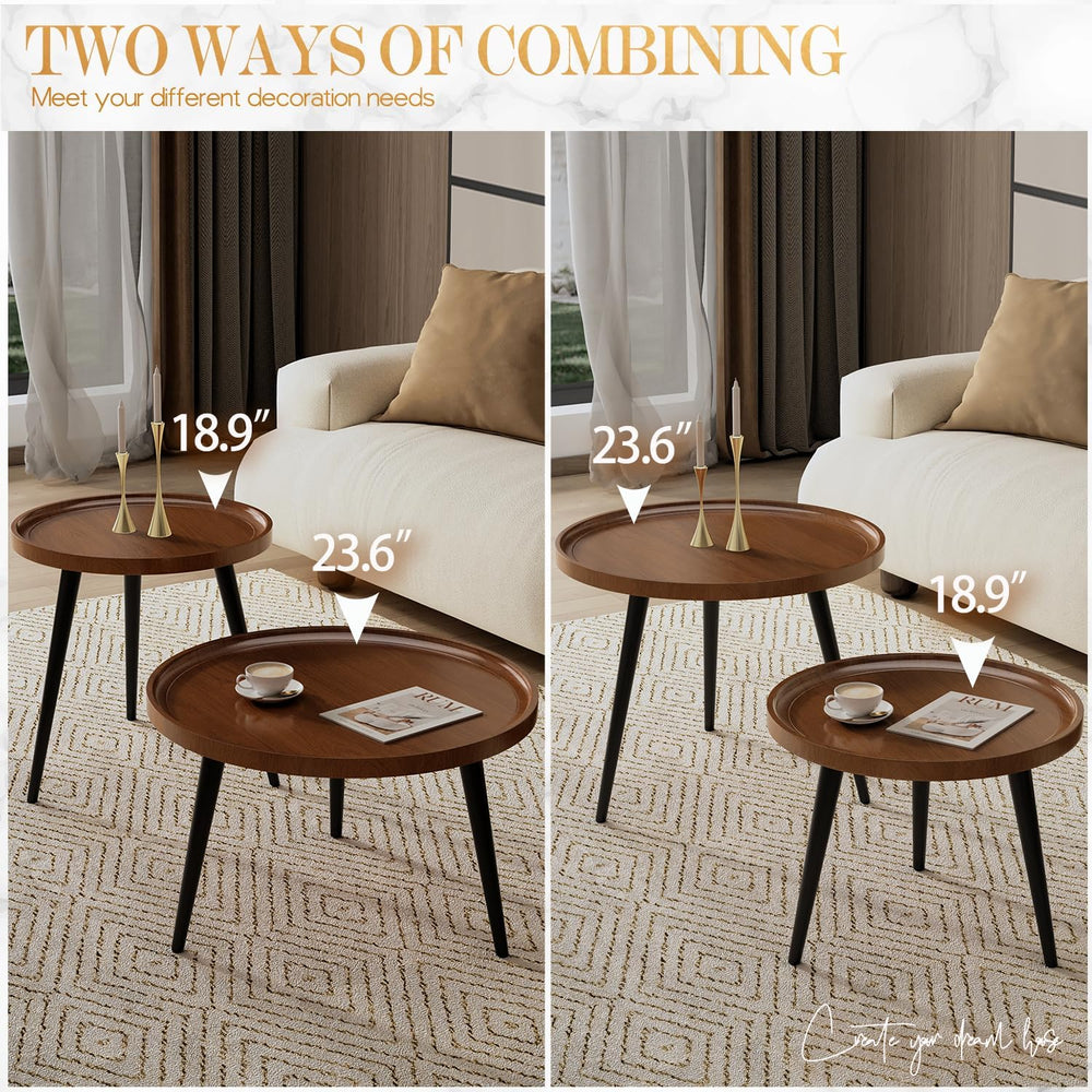 2-Piece Walnut Coffee Table,Durable Mid Century Small Round Coffee Tables for...